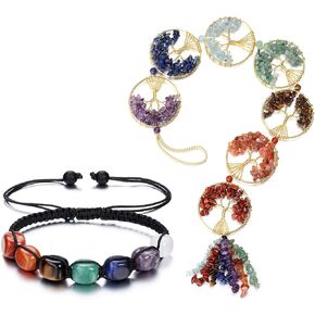 حزمة Top Plaza - عنصران: 7 سوار يوجا من حجر الشاكرا، أساور من الحبال المضفرة من الأحجار الكريمة الطبيعية و7 أحجار شاكرا، بلورات علاجية، زينة شجرة الحياة للتعليق على الحائط in Kuwait