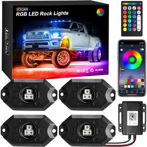 4 قطع من مصابيح الصخور RGB LED من سبائك الألومنيوم، التحكم في التطبيق، سطوع عالي، أضواء الصخور تحت التوهج مقاومة للماء ووضع الموسيقى، مناسبة للشاحنات والسيارات