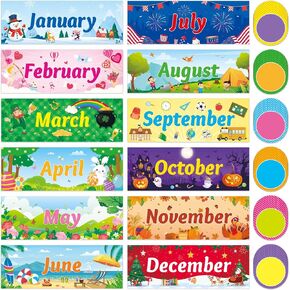 48 Pcs Holiday Monthly Headliners Set 12 Months of The Year Headers Monthly Bulletin Board Seasonal Monthly Headers with 36 Colorful Round Blank Cutouts for School Bulletin (Bright)