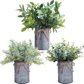 Winlyn 3 Pack Small Faux Plants in Metal Pots Dusty Green Artificial Eucalyptus Boxwood Rosemary Plants in Rustic Galvanized Planters Farmhouse Table Centerpieces for Home Shelf Tabletop Greenery
