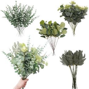 100 Pcs 4 Kinds Mixed Eucalyptus Leaves Stems Bulk Artificial Eucalyptus Leaves,Fake Silver Dollar Eucalyptus Leaves Real Touch Leaf Spray for DIY Bouquets Wedding Home Decor