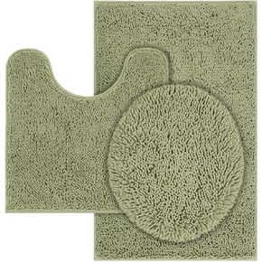 Bathroom Rugs Sets, Thick Soft Absorbent 3 Piece Chenille Bath Rugs, Non-Slip, Dry Quickly, Machine Washable, Shaggy Mats with U-Shaped Toilet Rug for Bath Floor, Tub and Shower, Sage Green