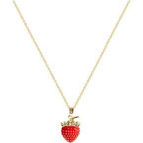 Red Strawberry Necklace Gold Plated Cute 3D Charm Sweet Enamel Fresh Fruit Chic Crystal Rhinestone Small Chain Necklace for Women Teen Girls Birthday Christmas Party Summer Holiday Fashion Jewelry Gifts