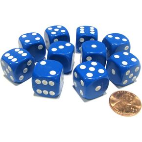 Koplow Games Set of 10 Six Sided Round Corner Opaque 16mm D6 Dice - Blue with White Pips