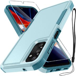 for Samsung Galaxy A25 Case, Full Body Heavy Duty Rugged Shockproof Protective Phone Cover with Lanyard Strap, Tempered Glass Screen Protector, Black Matte