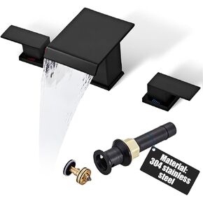Bathroom Sink Faucet Black - Bathroom Faucets for Sink 3 Hole Waterfall Bathroom Faucet with Metal Pop-up Sink Drain Stopper and 2 Supply Hoses