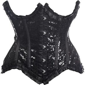 Daisy corsets Womens Top Drawer Black Satin & Sequin Underwire Curvy Cut Steel Boned Waist Cincher Corset