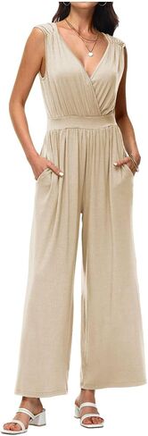 Tanou Women's V Neck Jumpsuits Dressy Casual One Piece Rompers Sleeveless Wide Leg Long Pants Outfits with Pockets in Saudi Arabia