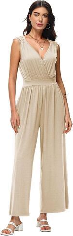 Tanou Women's V Neck Jumpsuits Dressy Casual One Piece Rompers Sleeveless Wide Leg Long Pants Outfits with Pockets in Saudi Arabia