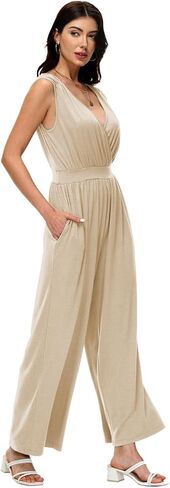 Tanou Women's V Neck Jumpsuits Dressy Casual One Piece Rompers Sleeveless Wide Leg Long Pants Outfits with Pockets in Saudi Arabia