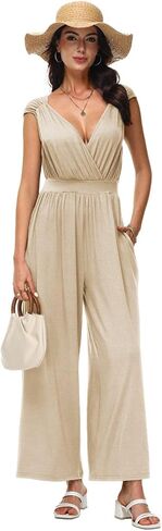 Tanou Women's V Neck Jumpsuits Dressy Casual One Piece Rompers Sleeveless Wide Leg Long Pants Outfits with Pockets in Saudi Arabia