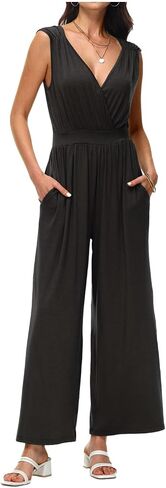 Tanou Women's V Neck Jumpsuits Dressy Casual One Piece Rompers Sleeveless Wide Leg Long Pants Outfits with Pockets in Saudi Arabia