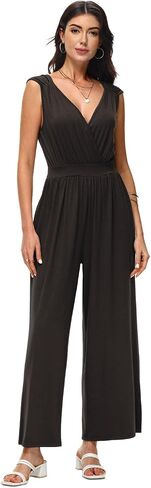 Tanou Women's V Neck Jumpsuits Dressy Casual One Piece Rompers Sleeveless Wide Leg Long Pants Outfits with Pockets in Saudi Arabia
