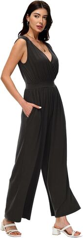 Tanou Women's V Neck Jumpsuits Dressy Casual One Piece Rompers Sleeveless Wide Leg Long Pants Outfits with Pockets in Saudi Arabia