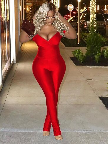 Women's Sexy 2 Piece Outfits Deep V-Neck Off Shoulder Tops Bodycon Flared Pant Sets Summer Club Outfits Tracksuit in Kuwait