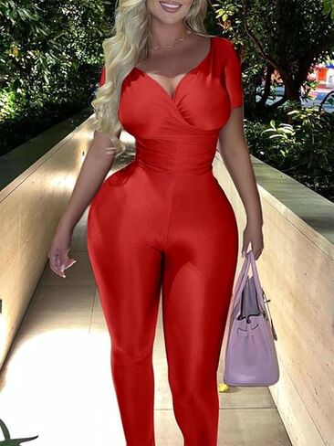 Women's Sexy 2 Piece Outfits Deep V-Neck Off Shoulder Tops Bodycon Flared Pant Sets Summer Club Outfits Tracksuit in Kuwait