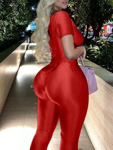 Women's Sexy 2 Piece Outfits Deep V-Neck Off Shoulder Tops Bodycon Flared Pant Sets Summer Club Outfits Tracksuit in Kuwait