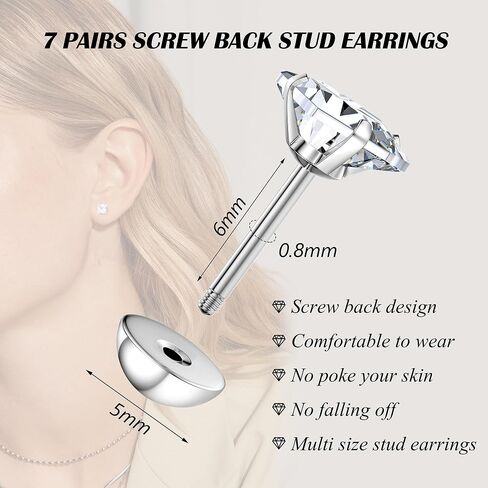 Jstyle 7 Pairs Hypoallergenic Silver Stud Earrings Set for Women Men Stainless Steel Earrings Sparkly Cubic Zirconia Earrings Studs Cartilage Earrings Jewelry in Saudi Arabia