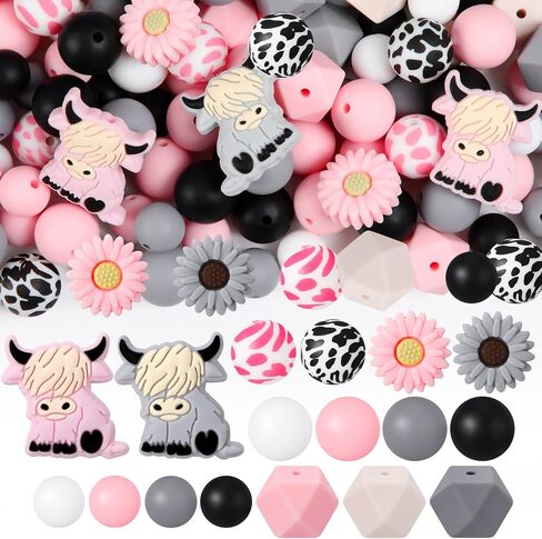 199 Pcs Cow Silicone Beads with Animal Shaped Beads Daisy Flower Silicone Beads Round Hexagon Print Silicone Beads for DIY Crafts Jewelry Necklaces Bracelets Keychain Making (Gray Pink) in Saudi Arabia
