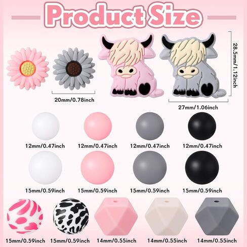 199 Pcs Cow Silicone Beads with Animal Shaped Beads Daisy Flower Silicone Beads Round Hexagon Print Silicone Beads for DIY Crafts Jewelry Necklaces Bracelets Keychain Making (Gray Pink) in Saudi Arabia