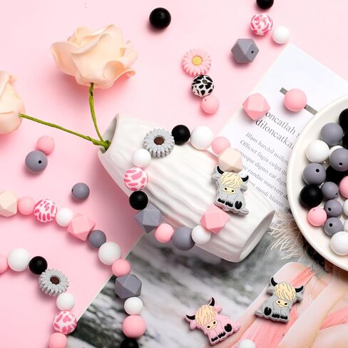 199 Pcs Cow Silicone Beads with Animal Shaped Beads Daisy Flower Silicone Beads Round Hexagon Print Silicone Beads for DIY Crafts Jewelry Necklaces Bracelets Keychain Making (Gray Pink) in Saudi Arabia