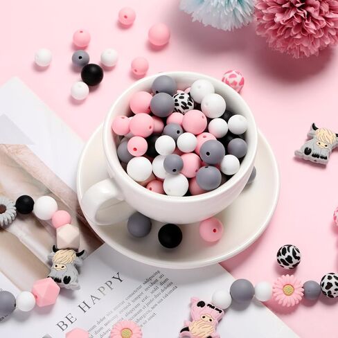 199 Pcs Cow Silicone Beads with Animal Shaped Beads Daisy Flower Silicone Beads Round Hexagon Print Silicone Beads for DIY Crafts Jewelry Necklaces Bracelets Keychain Making (Gray Pink) in Saudi Arabia
