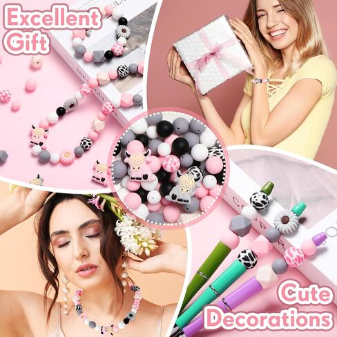 199 Pcs Cow Silicone Beads with Animal Shaped Beads Daisy Flower Silicone Beads Round Hexagon Print Silicone Beads for DIY Crafts Jewelry Necklaces Bracelets Keychain Making (Gray Pink) in Saudi Arabia