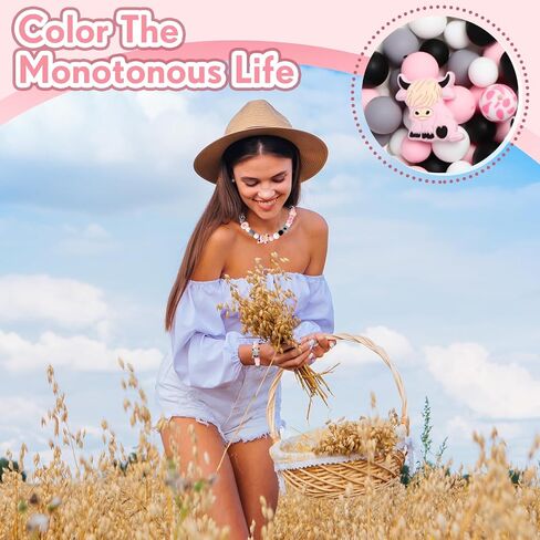 199 Pcs Cow Silicone Beads with Animal Shaped Beads Daisy Flower Silicone Beads Round Hexagon Print Silicone Beads for DIY Crafts Jewelry Necklaces Bracelets Keychain Making (Gray Pink) in Saudi Arabia