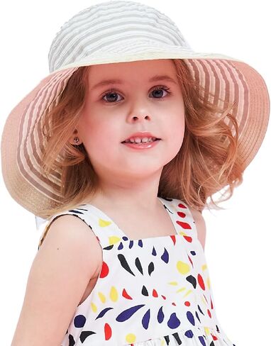 Home Prefer Baby Toddlers Beach Sun Hat Rollable Brim Bowknot Stripe UV Sun Protection Hat for Girls Woven Bucket Hat in Kuwait