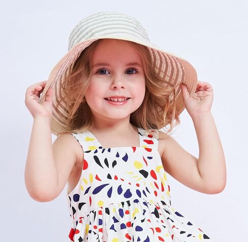 Home Prefer Baby Toddlers Beach Sun Hat Rollable Brim Bowknot Stripe UV Sun Protection Hat for Girls Woven Bucket Hat in Kuwait