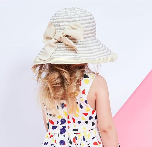 Home Prefer Baby Toddlers Beach Sun Hat Rollable Brim Bowknot Stripe UV Sun Protection Hat for Girls Woven Bucket Hat in Kuwait