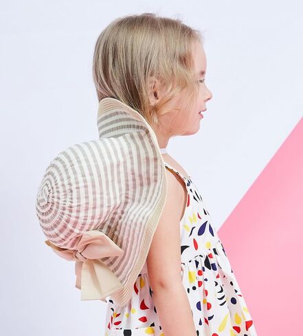 Home Prefer Baby Toddlers Beach Sun Hat Rollable Brim Bowknot Stripe UV Sun Protection Hat for Girls Woven Bucket Hat in Kuwait