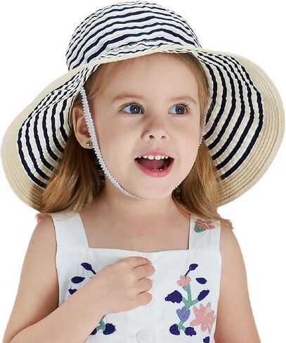 Home Prefer Baby Toddlers Beach Sun Hat Rollable Brim Bowknot Stripe UV Sun Protection Hat for Girls Woven Bucket Hat in Kuwait