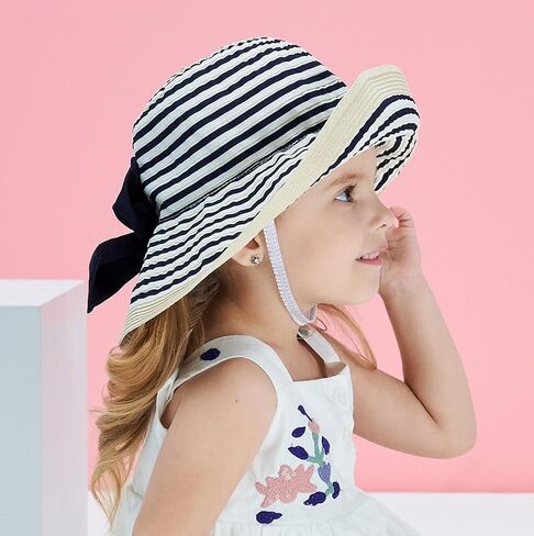 Home Prefer Baby Toddlers Beach Sun Hat Rollable Brim Bowknot Stripe UV Sun Protection Hat for Girls Woven Bucket Hat in Kuwait