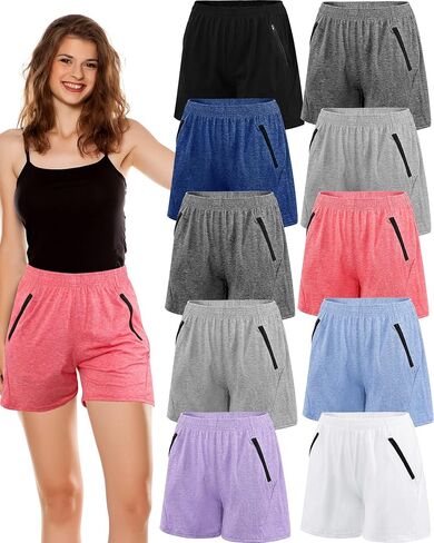 10 Pack Womens Workout Active Athletic Shorts, Dry Fit Running Hiking Gym Shorts with Pockets with Subtle Zipper in Saudi Arabia