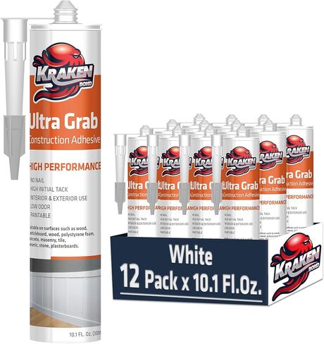 Kraken Bond White Heavy Duty Construction Adhesive - (2x10.1 fl. oz) Fast Cure Tile Adhesive for Professional & DIY Projects, Quick Grab for Wall Panels, Tile, Marble, Granite - 2 Pack in Kuwait