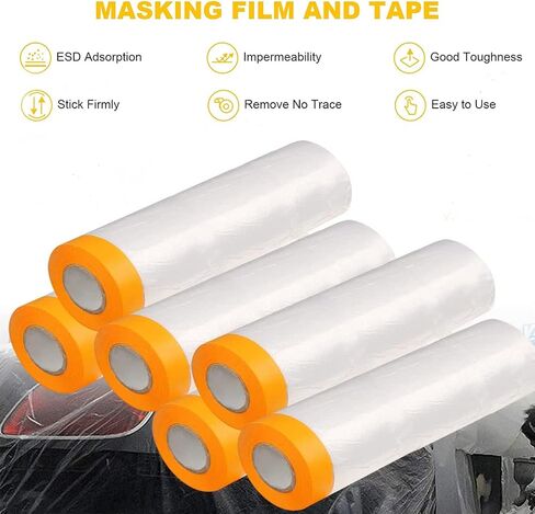 Painters Plastic With Tape, Pre-Taped Masking Film, 4 Rolls Automotive Best Tape and Drape, Paint Adhesive Protective Film Roll for Covering Skirting, Frames, Cars and Auto Body (5 X 65-Feet) in Saudi Arabia