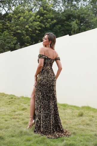 Women's Sequin Long Formal Dresses Off Shoulder Sparkly Dress Sleeveless Cocktail Party Dress Evening Gowns with Side Split in Saudi Arabia