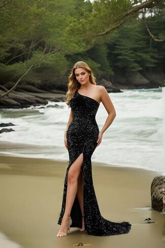 Women's Sequin Long Formal Dresses Off Shoulder Sparkly Dress Sleeveless Cocktail Party Dress Evening Gowns with Side Split in Saudi Arabia