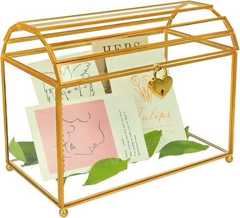 Gold Wedding Glass Card Box – Large Wedding Card Holder Gold Handmade Brass Vintage Wedding Envelope Box Rectangle Shape with Slot and Lid (Rectangle Gold) in Saudi Arabia