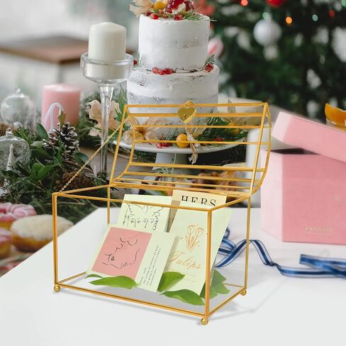 Gold Wedding Glass Card Box – Large Wedding Card Holder Gold Handmade Brass Vintage Wedding Envelope Box Rectangle Shape with Slot and Lid (Rectangle Gold) in Saudi Arabia