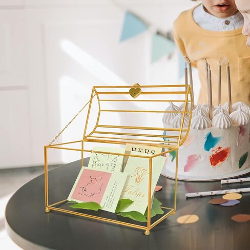 Gold Wedding Glass Card Box – Large Wedding Card Holder Gold Handmade Brass Vintage Wedding Envelope Box Rectangle Shape with Slot and Lid (Rectangle Gold) in Saudi Arabia