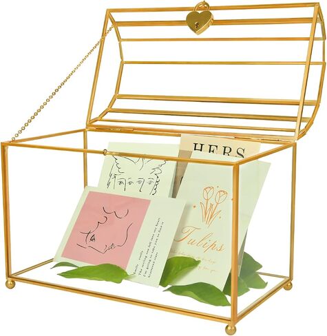 Gold Wedding Glass Card Box – Large Wedding Card Holder Gold Handmade Brass Vintage Wedding Envelope Box Rectangle Shape with Slot and Lid (Rectangle Gold) in Saudi Arabia