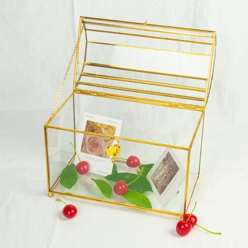 Gold Wedding Glass Card Box – Large Wedding Card Holder Gold Handmade Brass Vintage Wedding Envelope Box Rectangle Shape with Slot and Lid (Rectangle Gold) in Saudi Arabia
