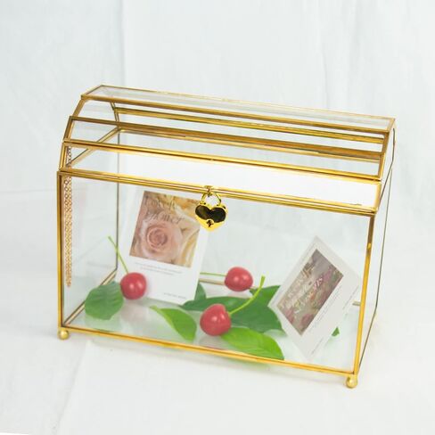 Gold Wedding Glass Card Box – Large Wedding Card Holder Gold Handmade Brass Vintage Wedding Envelope Box Rectangle Shape with Slot and Lid (Rectangle Gold) in Saudi Arabia