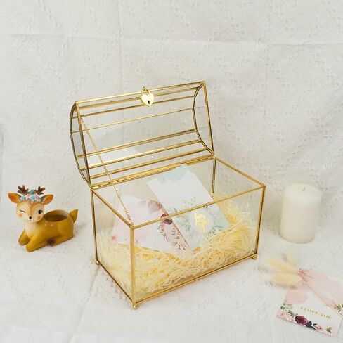 Gold Wedding Glass Card Box – Large Wedding Card Holder Gold Handmade Brass Vintage Wedding Envelope Box Rectangle Shape with Slot and Lid (Rectangle Gold) in Saudi Arabia