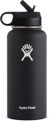 زجاجة مياه من الفولاذ المقاوم للصدأ معزولة بالتفريغ من Hydro Flask ذات فتحة واسعة مع غطاء من القش (أسود، 32 أونصة) in Saudi Arabia