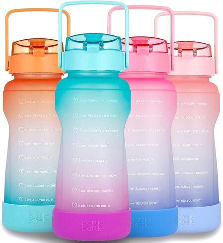 زجاجة مياه نصف جالون/64 أونصة زجاجة مياه مع مقبض كبير من السيليكون واقٍ من السيليكون، زجاجة مياه رياضية مع علامة زمنية مانعة للتسرب، إبريق ماء قابل لإعادة الاستخدام للبالغين والأطفال (أحمر وردي أزرق) in Kuwait