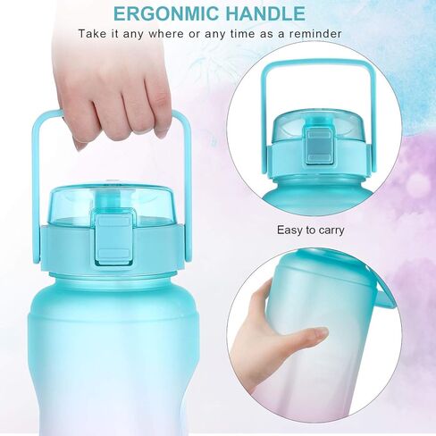 زجاجة مياه نصف جالون/64 أونصة زجاجة مياه مع مقبض كبير من السيليكون واقٍ من السيليكون، زجاجة مياه رياضية مع علامة زمنية مانعة للتسرب، إبريق ماء قابل لإعادة الاستخدام للبالغين والأطفال (أحمر وردي أزرق) in Kuwait