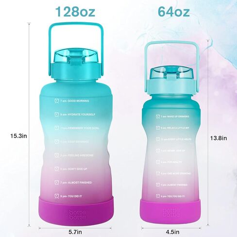 زجاجة مياه نصف جالون/64 أونصة زجاجة مياه مع مقبض كبير من السيليكون واقٍ من السيليكون، زجاجة مياه رياضية مع علامة زمنية مانعة للتسرب، إبريق ماء قابل لإعادة الاستخدام للبالغين والأطفال (أحمر وردي أزرق) in Kuwait